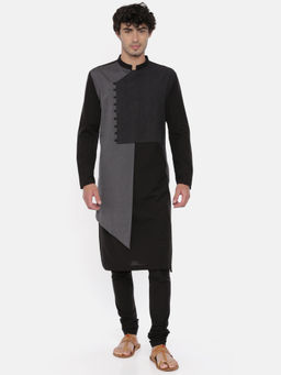 MAYANK MODI - Black Grey Asymmetrical Kurta Set With Churidar