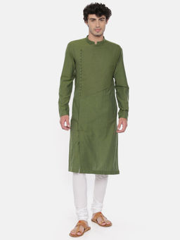 MAYANK MODI - Green Cotton Asymmetrical Kurta Set With Churidar