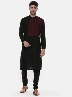 MAYANK MODI - Black Silk Mandarin Neck Cut Away Kurta