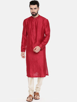 MAYANK MODI - Red Silk Mukesh Kurta Set With Churidar