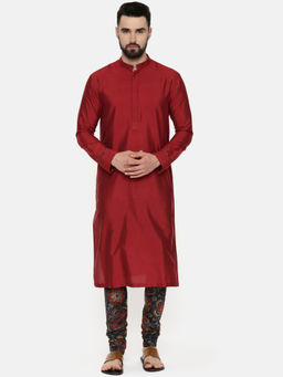 MAYANK MODI - Red Silk Kurta With Printed Chudidar
