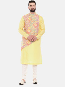 MAYANK MODI - Yellow Linen Printed Kurta Set With Churidar