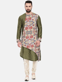 MAYANK MODI - Green Silk Cotton Printed Kurta Set With Churidar