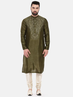 MAYANK MODI - Green Silk Slub Embroidered Kurta Set With Churidar
