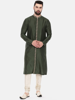MAYANK MODI - Green Silk Embroidered Kurta Set With Churidar