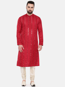 MAYANK MODI - Red Silk Mirror Work Kurta Set With Churidar
