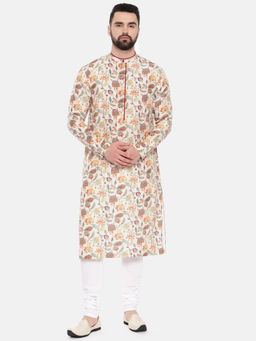 MAYANK MODI - Ivory Pink Printed Muslin Kurta Set With Churidar