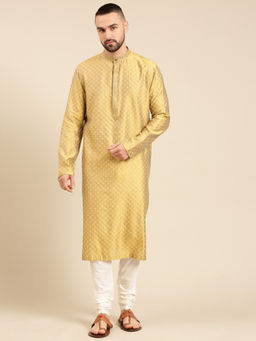 MAYANK MODI - Yellow Cotton Silk Jacquard Kurta Set With Churidar