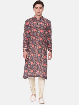 MAYANK MODI - Wine Brown Digital Muslin Kurta Set With Churidar