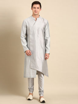 MAYANK MODI - Silver Grey Silk Jaquard Kurta Set With Churidar