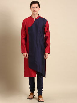 MAYANK MODI - Red/Blue Silk Jaquard Kurta Set With Churidar