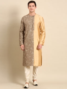 MAYANK MODI - Brown/Gold Silk Chanderi Kurta Set With Churidar