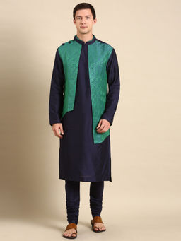 MAYANK MODI - Green Blue Silk Jaquard Kurta Set With Churidar