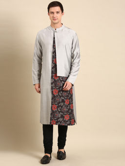 MAYANK MODI - Silver Black Silk Muslin Kurta Set With Churidar