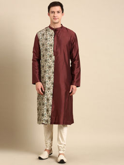 MAYANK MODI - Brown/Cream Print Silk Cotton Kurta Set With Churidar
