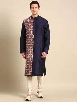 MAYANK MODI - Blue/Peach Print Silk Chanderi Kurta Set With Churidar