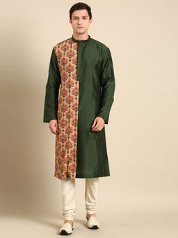 MAYANK MODI - Green/Beige Print Silk Muslin Kurta Set With Churidar