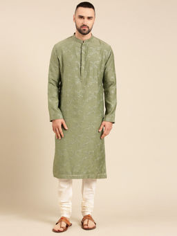 MAYANK MODI - Green Silk Chanderi Kurta Set With Churidar