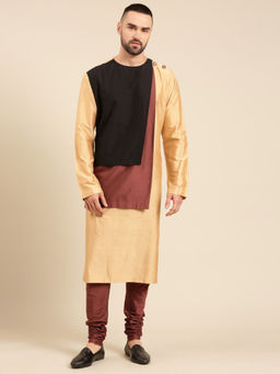 MAYANK MODI - Tri Color Gold Brn Blk Silk Cotton Kurta Set With Churidar