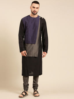 MAYANK MODI - Tri Color Blk Char Blu Silk Cotton Kurta Set With Churidar