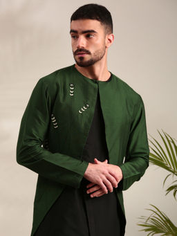 MAYANK MODI - Green and Black Cotton Silk Kurta Set With Churidar