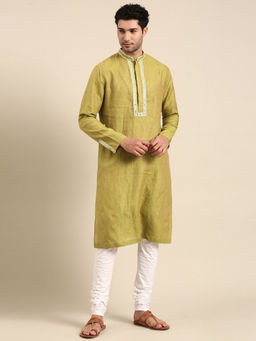 MAYANK MODI - Green Linen Emb Kurta Set With Churidar