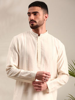 MAYANK MODI - Ivory Embroidered Chanderi Kurta Set With Churidar