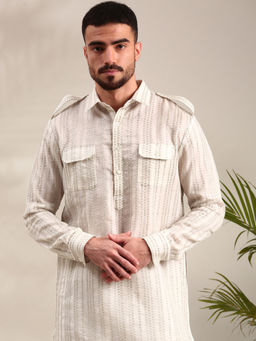 MAYANK MODI - Ivory Embroidered Chanderi Pathani Set With Salwar