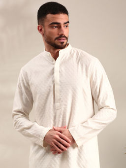 MAYANK MODI - Ivory Silk Jaquard Kurta Set With Churidar