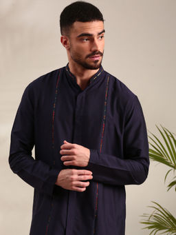 MAYANK MODI - Navy Blue Cotton Silk Kurta Set With Churidar