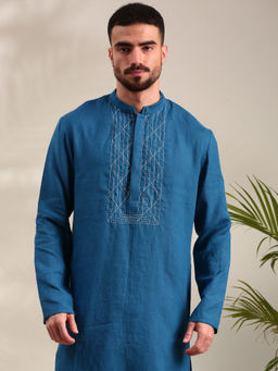 MAYANK MODI - Blue Linen Kurta Set With Churidar