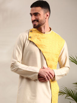 MAYANK MODI - Beige and Yellow Linen Silk Kurta Set With Churidar