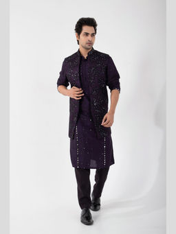 SMRITI - Purple Dark Raven Embellished Kurta and Pant with Nehru Jacket