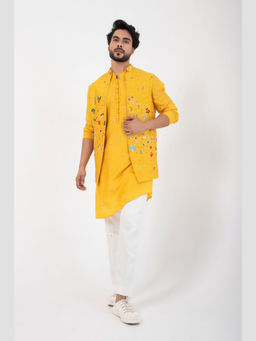 SMRITI - Goldfinch Yellow Embroidered Kurta and Pant with Nehru Jacket