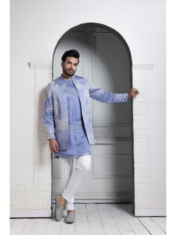 SMRITI - Blue Azure Bloom Embroidered Kurta and Pant with Nehru Jacket