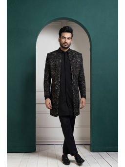 SMRITI - Midnight Black Embroidered Achkan with Kurta and Pant