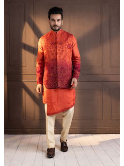 SMRITI - Sunset Orange Bloom Embroidered Kurta and Pant with Nehru Jacket