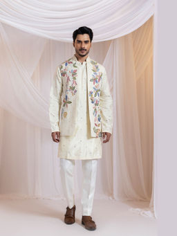 SMRITI - Off White Leafline Knots Kurta and Pant with Nehru Jacket