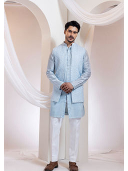 SMRITI - Blue Textured Skyloom Kurta and Pant with Nehru Jacket