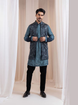 SMRITI - Teal Floral Neelloom Kurta and Pant with Nehru Jacket