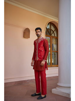 ISHA GUPTA TAYAL - Red Hand Embroidered Bundi Jacket Set