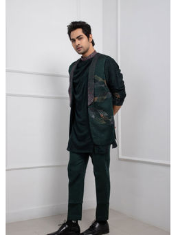 SMRITI - Hidden Forest Green Cowl Kurta and Pant with Nehru Jacket