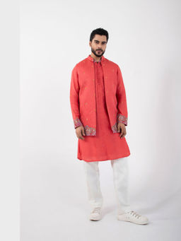 SMRITI - Coral Red Embroidered Nehru Kurta Set