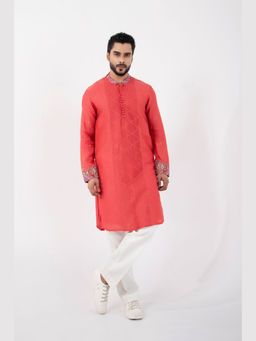 SMRITI - Coral Red Embroidered Kurta and Pant