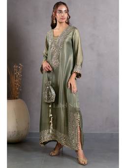 Label S4U - Olive Jashn Embellished Long Kaftan With Potli