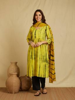 Meeta's - Yellow Hand Block Printed Cotton Kurta With Pant And Dupatta)