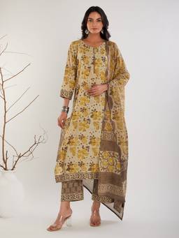 Meeta's - Yellow Block Printed Kurta With Pant And Dupatta