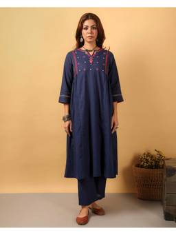Rangsutra - Blue Kaanch Round-Neck Pacca Hand Embroidery Cotton Kurta