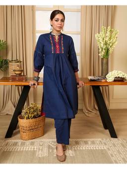 Rangsutra - Blue Kaanch A-Line Pacca Hand Embroidery Cotton Kurta