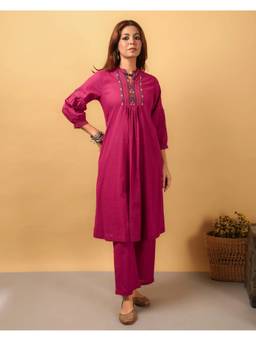 Rangsutra - Pink Kaanch A-Line Pacca Hand Embroidery Cotton Kurta